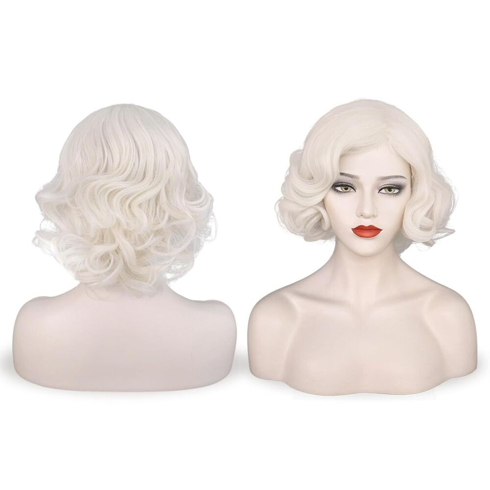 Platinum Blonde Short Curly Anime Cosplay Wig 1920s Flapper Halloween + Net Cap
